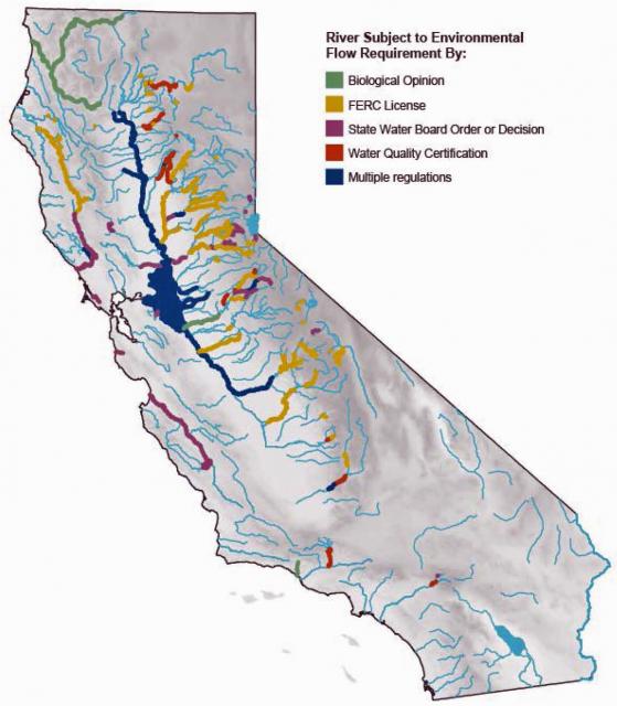 Map of California waterways with environmental flow protections