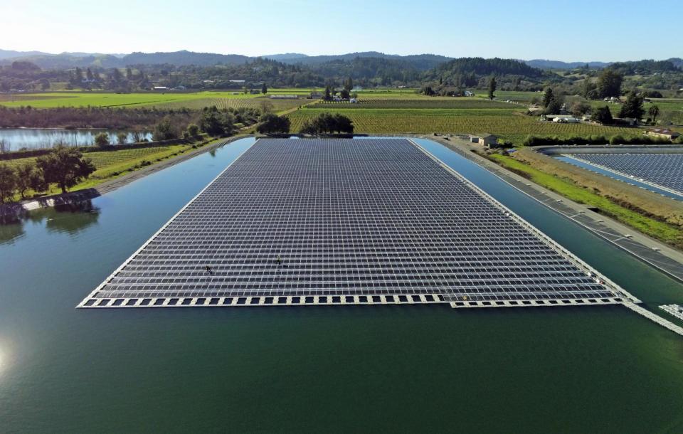 Solar flotilla on wastewater treatment pond in Healdsburg, California