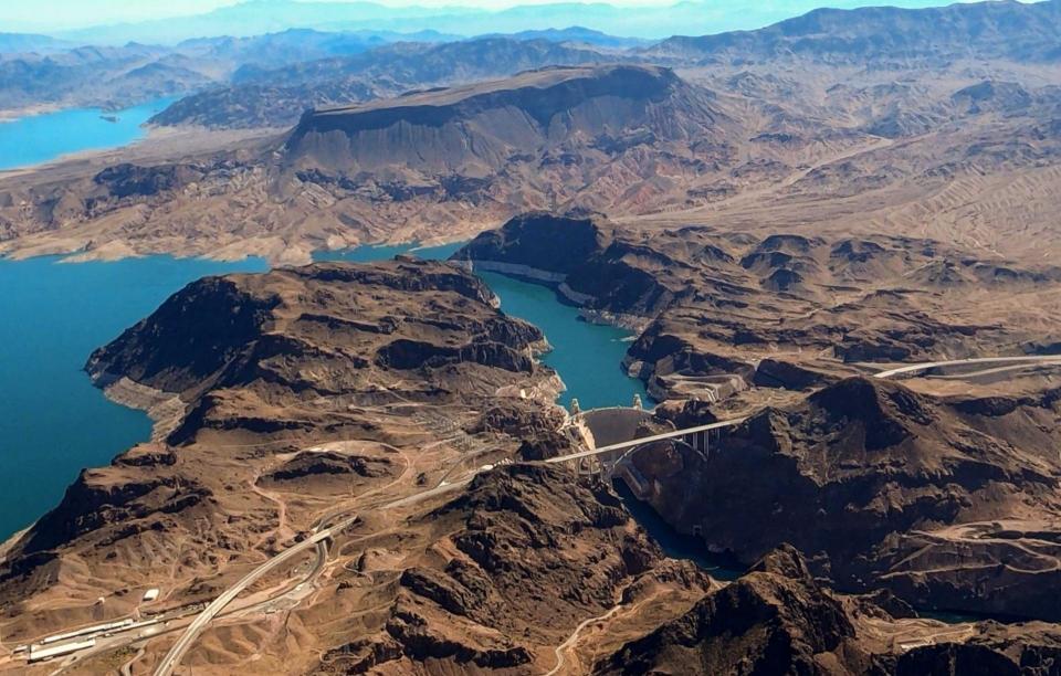 Aerial view of Lake Mead and Hoover Dam on the Colorado River.