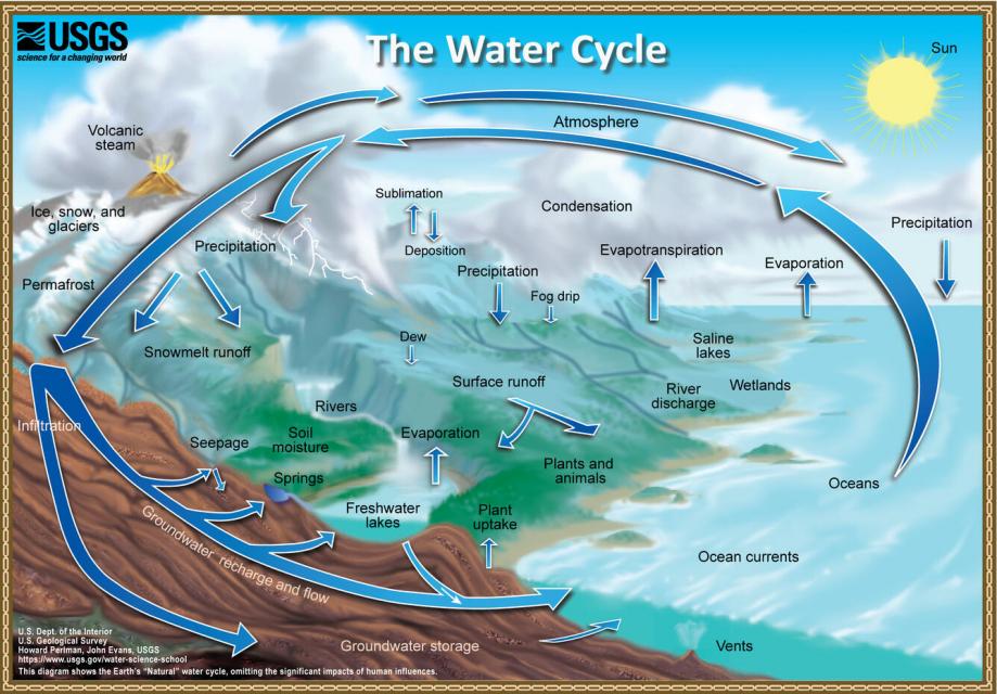 Image shows the water cycle from evaporation to precipitation.