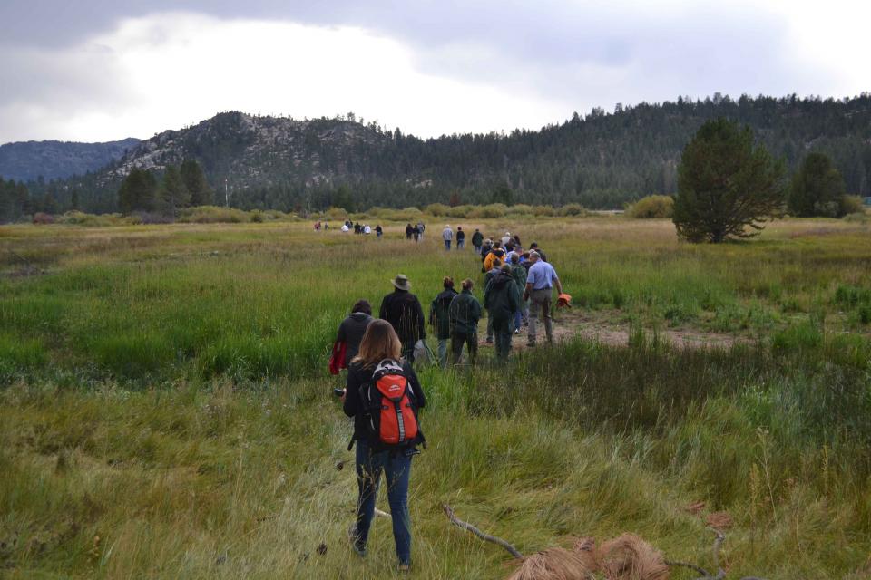 Headwaters Tour participants take a hike to a mountain meadow. 